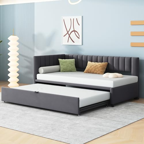 boorbin Multifunktionales L-förmiges Schlafsofa mit Ausziehbett 90/180 * 200cm, Polsterbett in Samtstoff, platzsparendes Design für Kinderbett, Gästebett (Dunkelgrau)