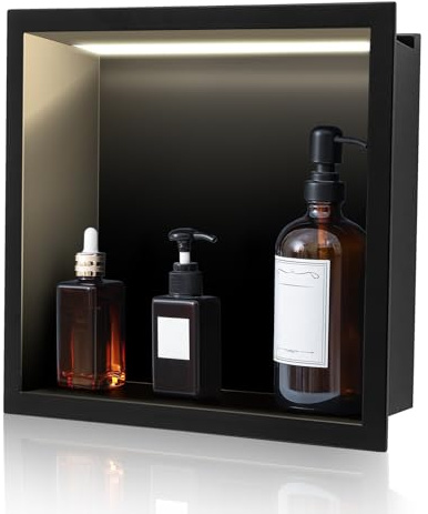 Zonon Stainless Steel Shower Niche LED Light Recessed Niche Shower Waterproof Recessed Wall Mounted No Tiling Required Alcove for Bathroom Storage Installation(12 x 12 Inches,Black)