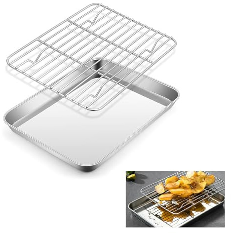 Backblech mit Gitter-Set, Edelstahl-Backblech mit Gestell, 26 x 20,5 x 2,5 cm, Antihaft-Kühlblech zum Backen, leicht zu reinigen und spülmaschinenfest, Backblech zum Braten und Kochen
