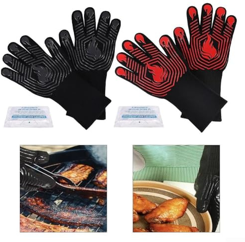 Bequeme und feuerfeste Grillhandschuhe mit Silikonstreifen für besseren Halt und Sicherheit (rot)