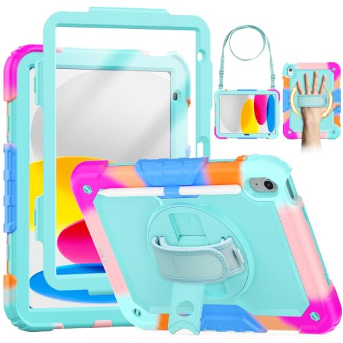 SEYMCY Kids Case for iPad (A16) 11th/10th Generation 11/10.9 2025/2022 | Full-body Shockproof with Screen Protector, 360° Rotating Stand & Hand Strap, Shoulder Strap, Pencil Holder, Sky Blue