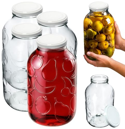 KADAX Lot de 4 grands bocaux en verre 5 L Ø100 – Couvercle Twist-Off hermétique TO100 – Pour cornichons, légumes fermentés, conserves & fermentation maison
