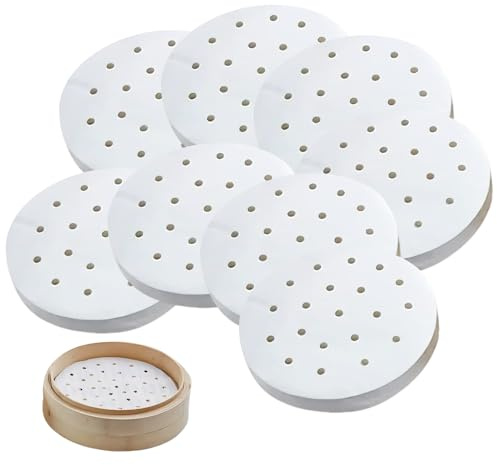 FortuneGlobe 200 fogli di carta perforata da 19 cm in bambù per cottura a vapore e vapore, 7.5 pollici di carta pergamena antiaderente come dim sum, carta friggitrice ad aria (200pcs 19cm)