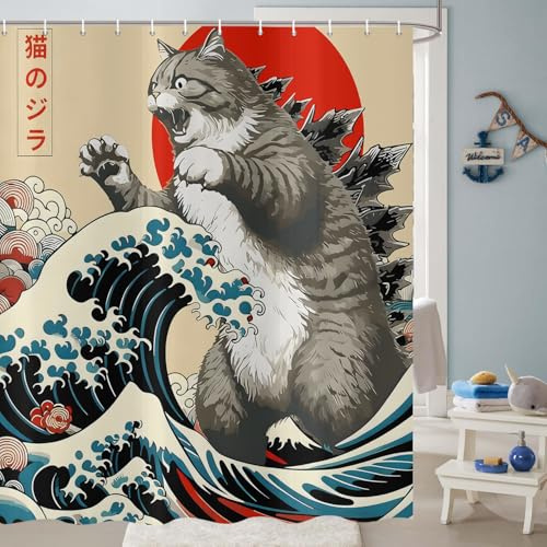 ASDCXZ Duschvorhang Japanischer Katze 180x200 cm, Vintage Lustig Japan Anime Katze Sonne Welle Kinder Tier Wasserdicht Badvorhang Polyester Textil Waschbar Duschvorhänge für Badewanne mit 12 Haken