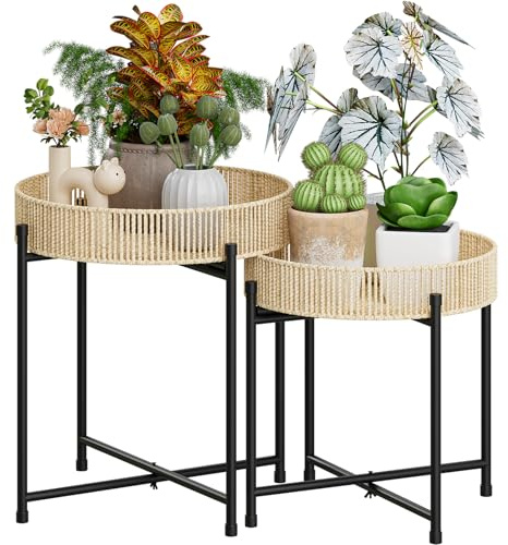Bamworld Beistelltisch 2er Set Rund Boho Beistelltische mit Rattan Tablett & Metall Gestell Kleiner Tisch für Wohnzimmer Schlafzimmer Balkon Garten Beistelltisch Outdoor Indoor Ø44/40cm Höhe 52/43cm