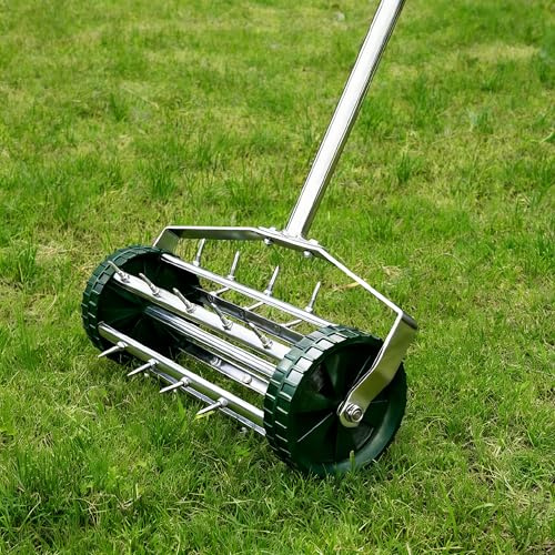 FUCIHOMA Rolling Lawn Aerator Tool, 57 Inch Back-Saving Handle, Heavy Duty Galvanized Steel Spike Aerator for Grass Roots, 1.4 Depth Manual Push Soil Loosener, Silver