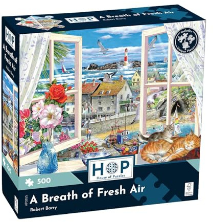 The House of Puzzles A Breath of Fresh Air, 500 Piece Jigsaw | British Seaside Theme, Ocean View Window Scene, Flower, Cat & Boat Art, Unique Pieces, Deluxe Puzzling Gift for Adults