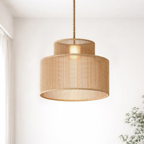 Voltico Rattan Lampshade 35cm Pendant Light Shade Double Layer Handwoven Wicker Ceiling Shade Boho Natural Hanging Lampshade for Living Room Dining Room Bedroom
