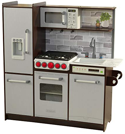 KidKraft Uptown Elite Espresso Play Kitchen with EZ Kraft Assembly™, Lights and Sounds, Working Ice Maker and Click and Turn Knobs, Gift for Ages 3+