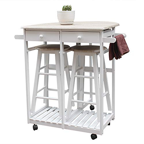 FCH Drop Leaf Dining Table with Chair Sets for Small Kitchen 3 PCS Wooden Kitchen Trolley Cart with Wheels 2 Round Bar Stools and 2 Drawers for 2 Person