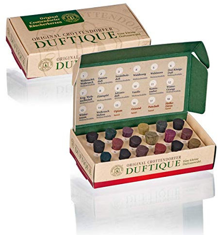 Crottendorfer Räucherkerzen Duftique - eine kleine Räucherkerzenauswahl zum kennenlernen - Probierset - Weihnachtsdüfte & Santali-Düfte - 18 Räucherkerzen - Made in Germany