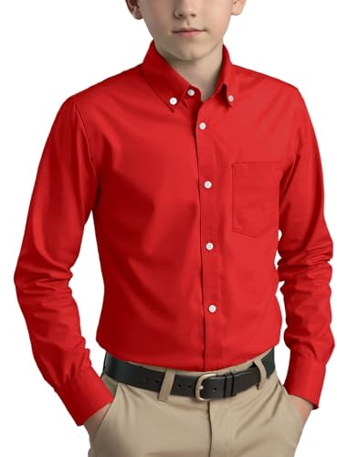 Spring&Gege Camisa de manga larga con botones de sarga de algodón para niños (3-14 años), rosso, 7-8 Años
