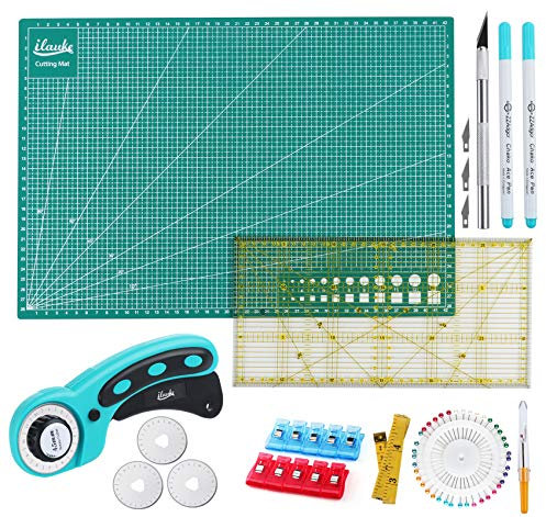 Kit di taglierina rotante,Set di utensili con taglierina rotante da 45 mm + tappetino da taglio A3 per auto guarigione a doppio lato + righello per patchwork + pinzette + spilli + coltello da