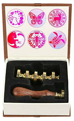 Wachssiegel-Stempel-Set, Anbose Tierwachs-Siegelstempel-Set mit 6 abnehmbaren Messing-Köpfen und 1 Holzgriff, Kaninchen, Schmetterling, Hirsch, Katze, Biene, Pegasus, Siegelwachs-Stempel für