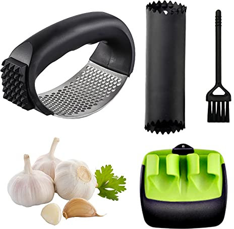 Knoblauchpresse Wippe Edelstahl Knoblauchpresse Küche Ingwer Knoblauch Fleischwolf mit Silikonschäler und Reinigungsbürste