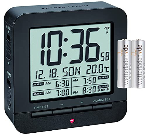 TFA Dostmann 60.2536 Digitaler Funk-Wecker Reisewecker 4 Alarme (schwarz mit Batterien)
