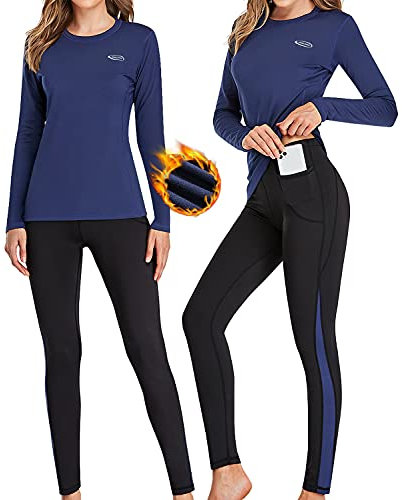 sous-Vêtement Thermique Femme, Ensemble de sous-vêtements Thermiques Femme Léger et Chaud Quick Dry Sou Vetement Manches Longues pour Hiver Sport L'entraînement Ski Running Montagne Bleu M