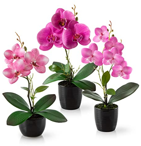 PASCH® Kunstblumen im Topf (35cm) - 3er Set Orchideen künstlich abgestimmtes Arrangement in Hochglanz-Keramiktöpfen, Deko Blumen künstlich, künstliche Orchideen (Rosé-Arrangement)