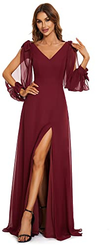 Ever-Pretty Vestido de Fiesta Escote en V Chiffón sin Respaldo Corte Imperio Abertura Manga Larga A-línea Elegantes Burdeos 42