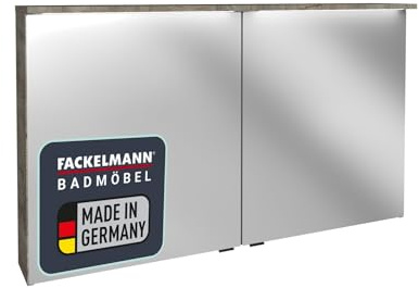 FACKELMANN Oxford LED-Spiegelschrank – 120 x 70 x 20 cm in Braun hell, 2 Türen mit Innenspiegel und 4 Glaseinlegeböden, Elektrobox mit Schalter und Steckdose, Made in Germany