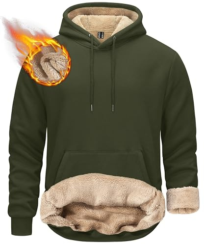 KEFITEVD Herr-swetty med huva, Sherpa, foderad, vinter, med ficka på höften, varm, vindtät, för fritid utomhus, Armégrön, XXL