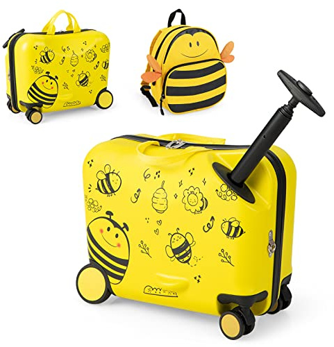 COSTWAY 2 PCS Kids Luggage Set, 4L Backpack + 17L Ride-on & Carry-on Hardshell Suitcase with Wheels and Height Adjustable Handle, Travel School Trolley Case for Boys Girls (Bee, Yellow)