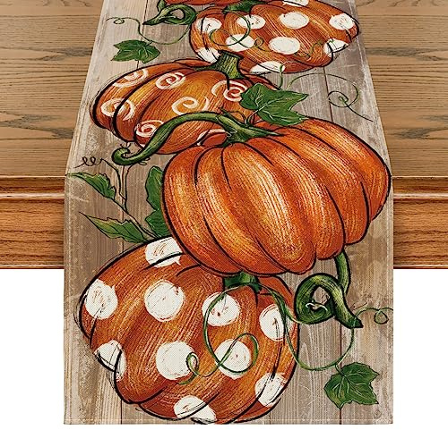 Artoid Mode Polka Dot Pumpkins Vine Fall Table Runner, Seasonal Autumn Thanksgiving Kitchen Dining Table Decoration for Home Party Decor 13x72 Inch
