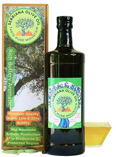 Serriana Premium Extra Virgin Olive Oil, 750ml, rich, buttery aromatic olive oil. Artisan. Sustainable. Protected Spanish Mediterranean mountains. Super low acidity. Large, dark glass bottle. Boxed.