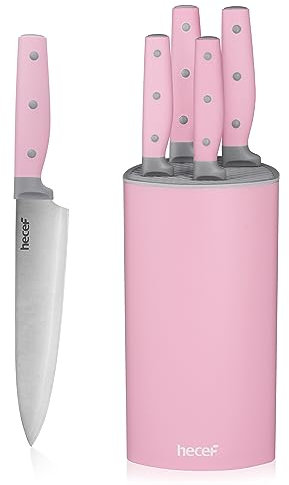 hecef Knife Set, 6 Pieces Kitchen Knives with Universal Knife Block, Stainless Steel Blade with Triple-Rivets Handle, Knife Set with Block for Home Pink