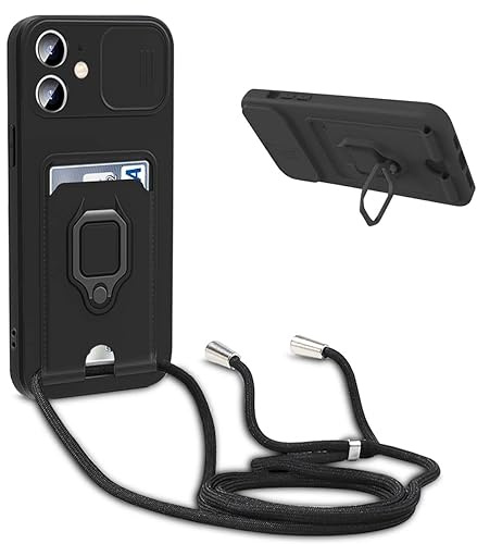 BGHHEU Cover con Cordino per iPhone 11,Custodia con Collana Collo Silicone Antiurto Case,Protezione Fotocamera Slot Carte 360° Anello Supporto,Silicone Case,Nero