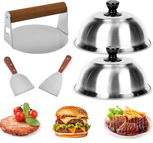 Edelstahl Grillbesteck Set, 5-Teiliges Burger Set, 2 Grillspachtel Edelstahl, Runder Burgerpresse, 2 Burgerglocke, Burger Smasher Set für Hamburger, Patties, Steak