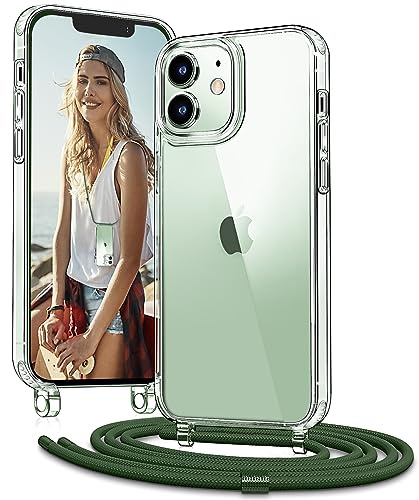 Vaykwo Handykette für iPhone 12 Mini Hülle mit Band, Grün | Necklace Handyhülle, Transparente Case zum Umhängen, Verstellbar und Abnehmbar