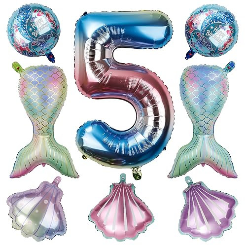 Meerjungfrau Ballon, Geburtstags-Zahlenballons Meerjungfrau Luftballon Dekoration Zahlen-Geburtstagsparty-Dekorationen für Mädchen-Kindergeburtstagsparty-Zubehör (Zahl 5)