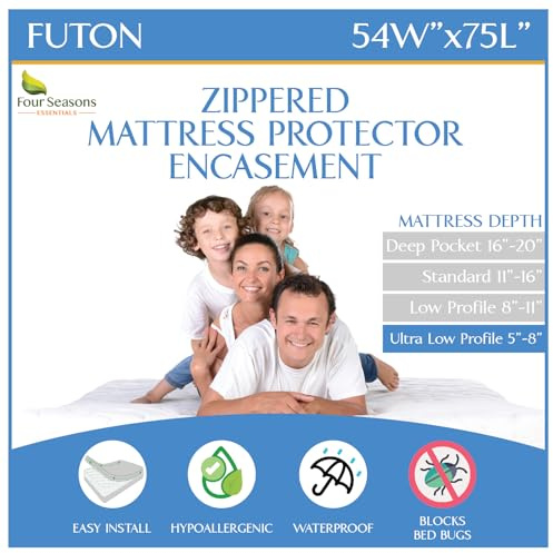 Futon Full (54x 75) Waterproof Mattress Protector - Waterproof Zippered Encasement Premium Quality Bed Cover Protects Against Dust, Allergens White