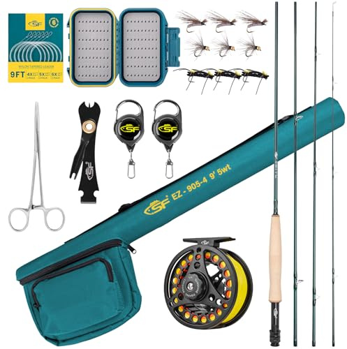 SF Fishing Rod Combo Starter Kit 4 Piece 5WT 9FT Emerald Green 24T Carbon Fiber Trout Fly Rod with Reel, Rod Case, Fly Box with Flies, Tapered Leader, Knot Tying Tools