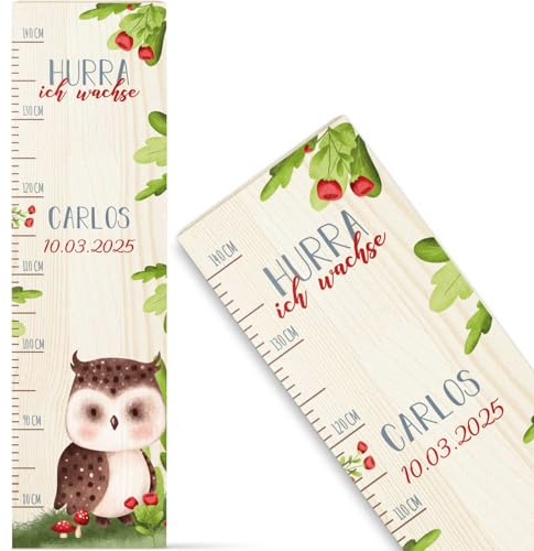 GRAVURZEILE Messlatte für Kinder aus Holz - Tiergruppe Wald - mit Namen für Kinderzimmer - Skala misst 80-140 cm - Größe 20 x 70 x 2 cm - Geschenk zur Geburt für Mädchen & Jungen - Eule