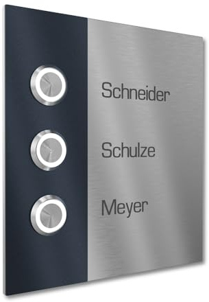 Graviers Design Mehrfamilienhaus Klingel mit LED Klingeltaster 3 Namen Gravur - V2A Edelstahl Türklingel 140x150 mm - Unterputz wählbar Aufputz für Haustür 3-fach