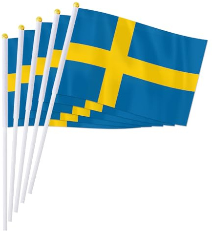 PTEROSAUR 50 Pack Sweden Hand Held Flags, Small Swedish National Flags 5.5 x 8.2 Inch, Hand Held Flag of European Countries of the World (50)
