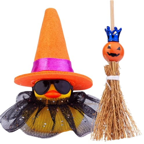 Mwmoeen Halloween Auto Gummi Ente Dekoration, lustige Ente Auto Armaturenbrett Ornamente mit Magic Hat Besen Rock Halskette und Sonnenbrille für Halloween Thema Gefälligkeiten(B5)