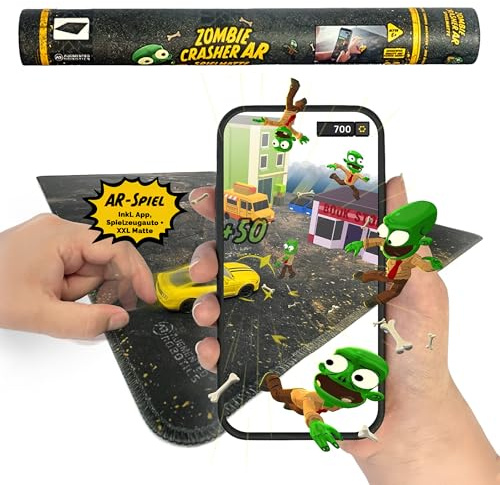 AR Zombie Crasher - Geschicklichkeitsspiel mit Augmented Reality App, Schnipp das Auto gegen Zombies, Interaktives Tischspiel ab 8 Jahren inkl. Matte