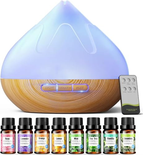 Aroma Diffusor Set für Ätherische Öle 500 ML, 8 x10 ML Ätherische Öle, Aromatherapie Diffuser Mit Fernbedienung,14 Farben LED Mit 4 Timer-Einstellung