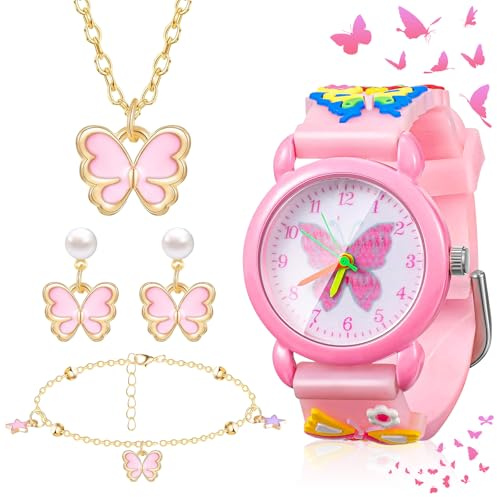 wlertcop Kids Watch and Jewelry Set - Girls Pink Cute Cartoon Butterfly Wrist Watches with Necklace, Bracelet, Earrings - Children's Birthday Gift, Children's Day Gifts, Kids Watch Pink 5 PCS