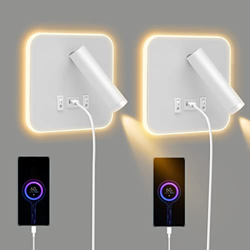 2PCS Applique Murale Interieur LED, Liseuse de Chevet avec interrupteur, port de charge USB, Rotation à 360°Liseuses Murales, 3000K Lampe de Lecture de Chevet Applique Murale pour Chambre, Salon (B)