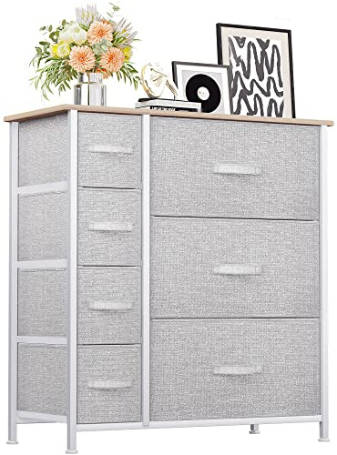 YITAHOME Kommode,Kommode mit 7 Schubladen,Schrank,Stoffschubladen mit Griffen,Metallgestell,für Wohnzimmer Flur Schlafzimmer,Dauerhaft,Hellgrau
