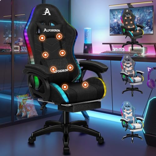 ALFORDSON Gaming Stuhl Gamer Stühle RGB LED Racing Gamer-Stuhl Sessel Massage Bürostuhl ergonomisch Fußstützen, Schreibtischstuhl, Neigungswinkel 90-150°,180 kg belastbar, Stoff, Schwarz