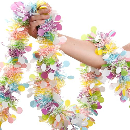 Easter Garland Decor,50Ft Glitter Tinsel Spring Garland Decorations for Tree Mantle Bedroom Office Classroom Party Indoor Outdoor Holiday Home Pink Yellow Blue Green White