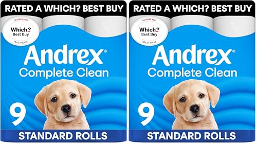 Andrex Complete Clean Toilet Tissue 9 Rolls (Previously Andrex Classic Clean) Unbeatable Toilet Paper with Unique 3D Wave, FSC Certified (Pack of 2)