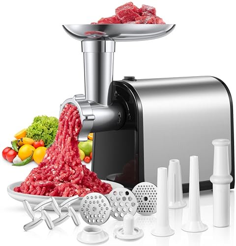 FOHERE Electric Meat Grinder, 3-in-1 Meat Mincer Machine & Sausage Stuffer, Stainless Steel Meat Mincers for Home use with 3 Grinding Plates, Kubbe Kit & 3 Sausage Stuffer Tubes, 3000W Max