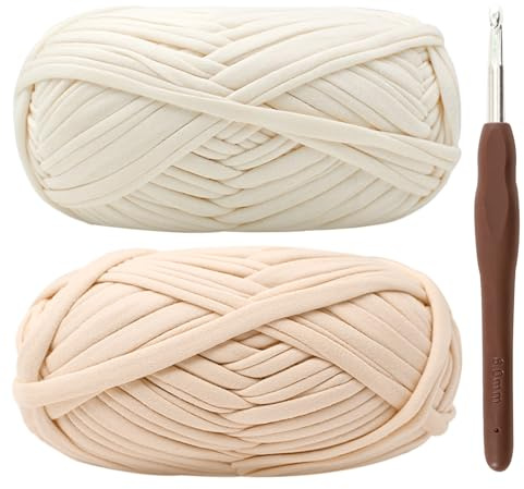 Set mit 2 Knäuel dickem Häkelgarn für T-Shirts mit 6 mm Häkelnadel, perfekt für Häkelprojekte, für Anfänger, elastisches Gewebe geeignet für kreative Hobbys