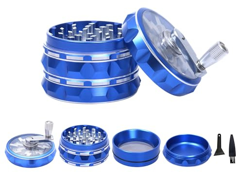 TIRIRS 2.5 4 Pieces Hand Cranked Clear Top Herb Grinder - Aluminium Spice Grinder with Pollen Scraper and Cleaning Brush, Foldable Handle - Blue and Silver